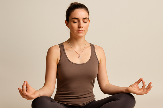 Woman in yoga-inspired outfit wearing the HEBE Yoga OM Lotus Pendant Necklace. Elegant mindful jewelry for yoga lovers and athletes