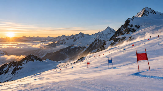 Giant slalom gates on an alpine glacier at sunrise before the Sölden 2026 World Cup opener